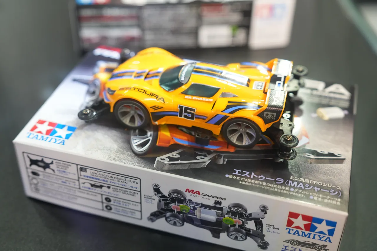 Tamiya mini 4WD kit — product detail on the display shelf