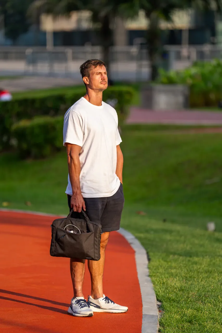 A morning walker on the KLCC jogging track